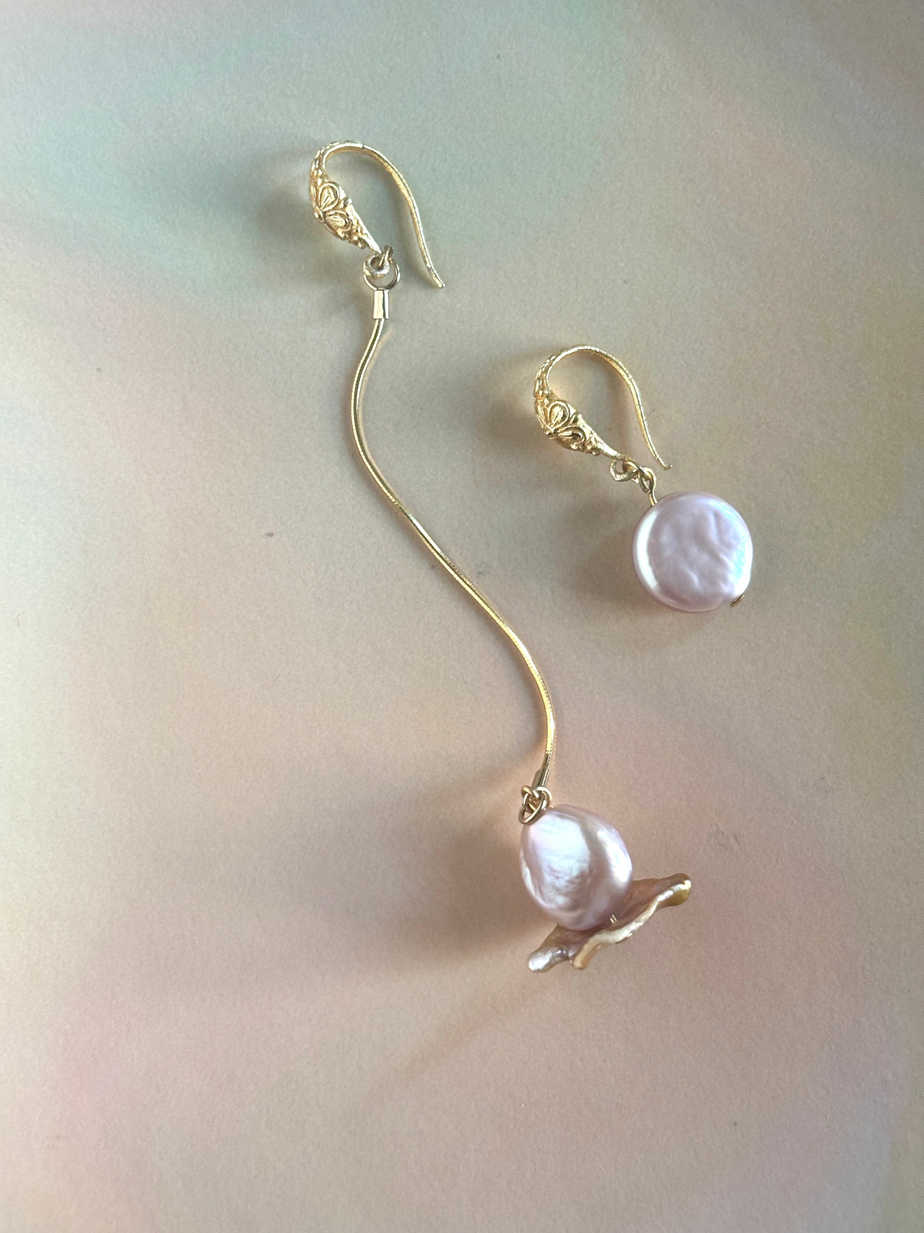 Pink Lotus Moon Drop chain & Pearl Engraved Hook Earrings