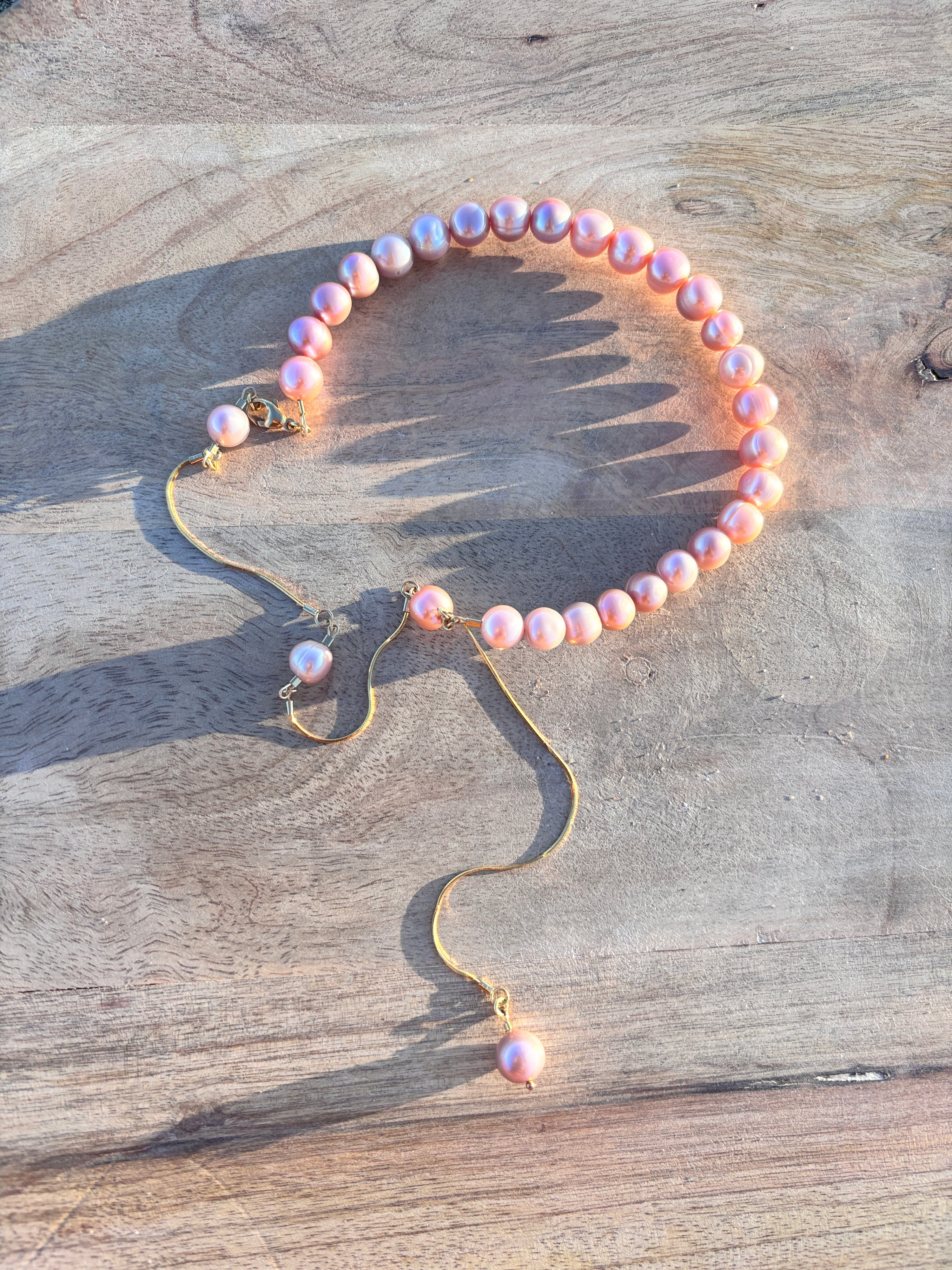 Pink Pearl & Gold Chain Collar & Drop Necklace