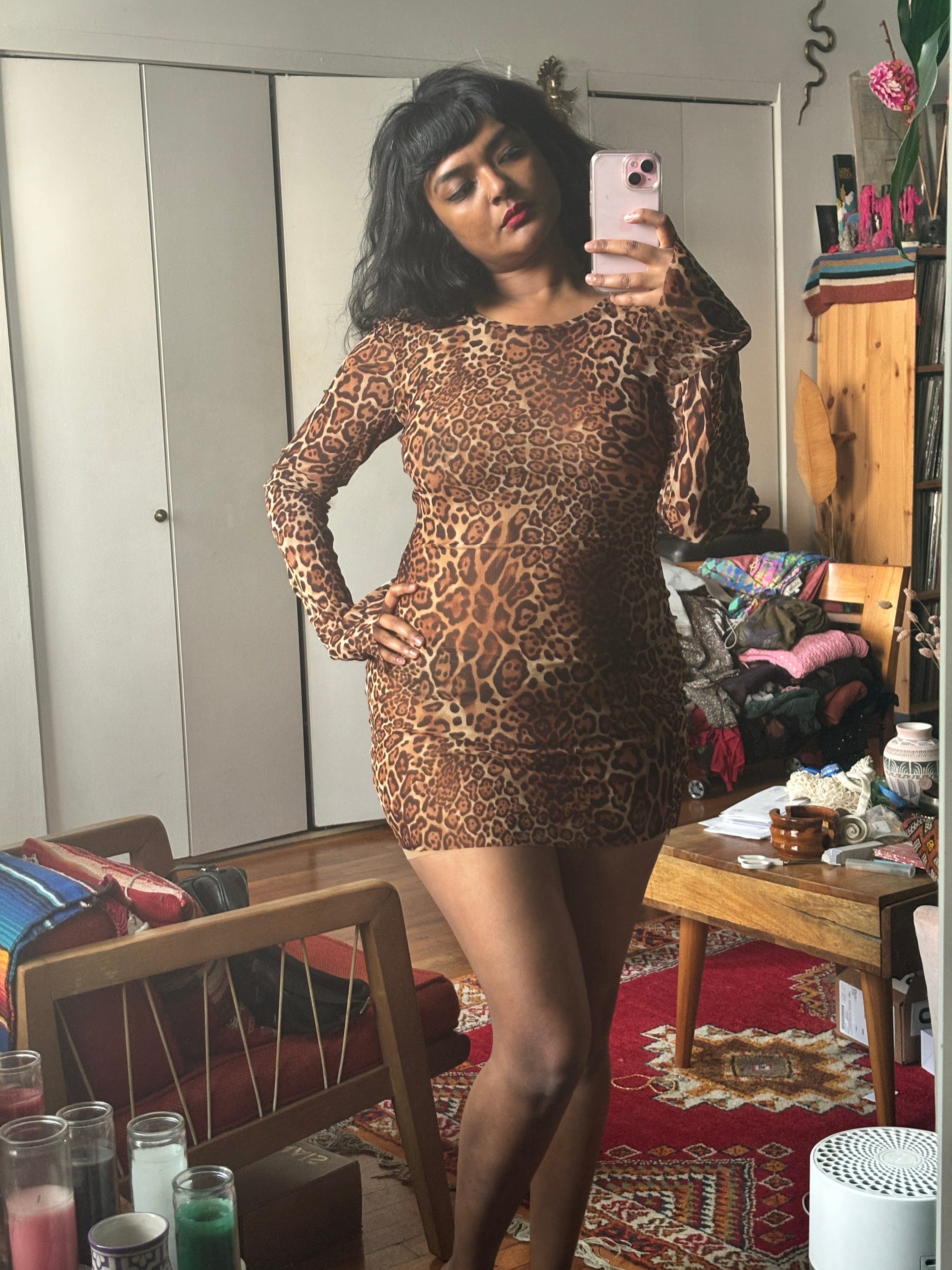 Laquan Smith Mesh Leopard Mini Dress