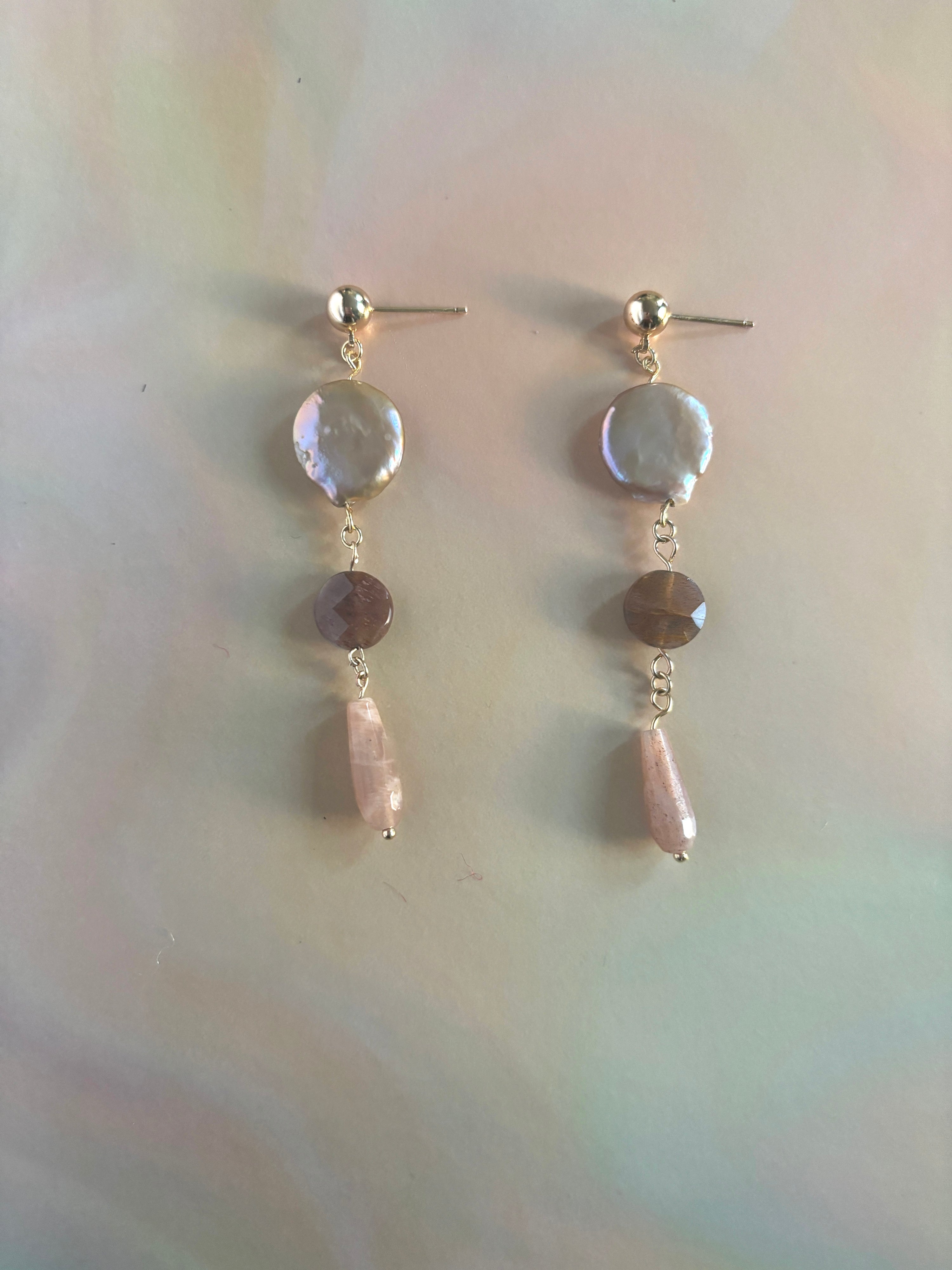 Cocoa Moon Pearl and Moonstone Drop Studs