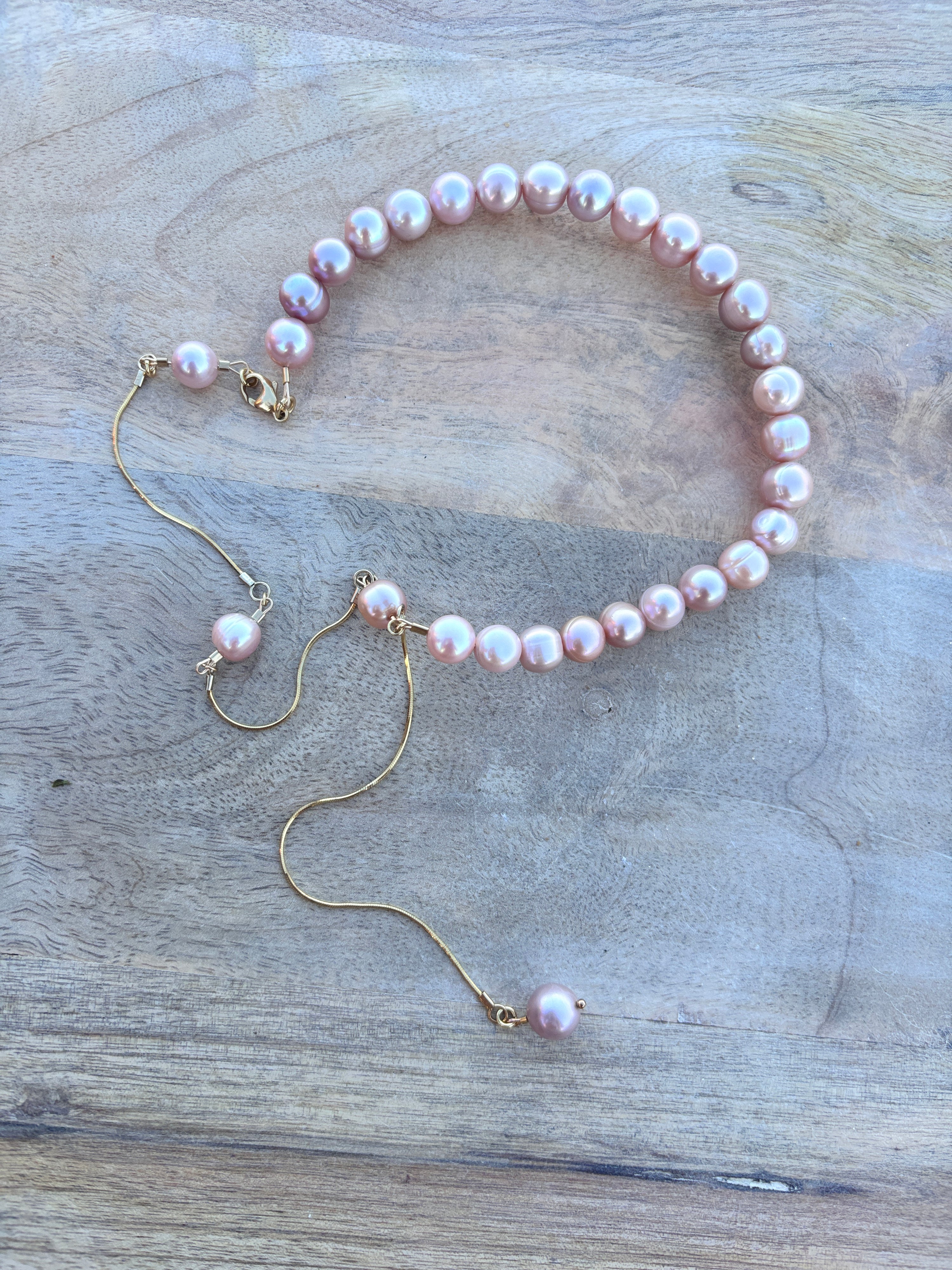 Pink Pearl & Gold Chain Collar & Drop Necklace